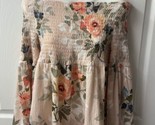 EST 1948 Off the Shoulder Smocked Top Womens M Bell Sleeves Peach Floral... - $14.73