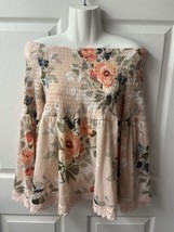 EST 1948 Off the Shoulder Smocked Top Womens M Bell Sleeves Peach Floral... - £11.73 GBP