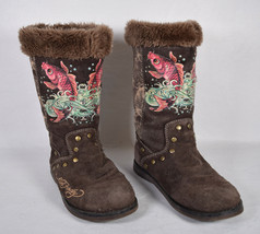 Ed Hardy Womens Boots Brown Suede Koi Fish Faux Fur 6 - £46.69 GBP