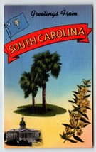 Greetings From South Carolina Large Big Letter Linen Postcard Unposted Palm Tree - £11.51 GBP