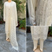 Pakistani Off White Straight Style Embroidered Sequins 3pcs Chiffon Dress,XL - £98.69 GBP