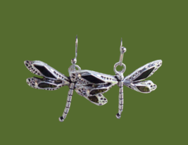 New Silver Tone Dragonfly Drop Earrings Black Dark Green Sparkly Wings Jewelry - £10.17 GBP