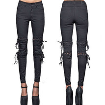 Lip Service Lace Up Corset Metal Grommet Stretch Denim Women Skinny Jeans Black - £66.54 GBP