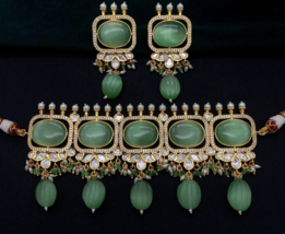 Bollywood Style Indian Gold Plated Kundan Choker Necklace Jade Jewelry Set - £111.05 GBP