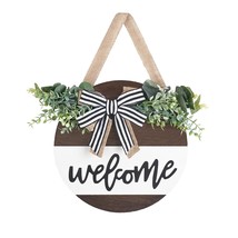 Rustic Welcome Sign With Artificial Eucalyptus Front Door Decor Round Wood Hangi - £21.88 GBP