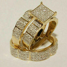 Diamond Trio His &amp; Her Wedding Engagement Band Ring Set 14k Yellow Gold Finish - £96.53 GBP