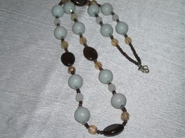 Estate Long Light Blue &amp; Brown Swirl Plastic Bead Necklace – 32 inches i... - $10.39