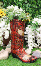 Western Country Angel Wings Heart Roses Scrollwork Cowgirl Red Boot Flower Vase - £29.56 GBP