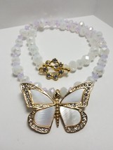 White Shell Butterfly Necklace with White Faceted Glass Beads and Pink Crystals  - £37.96 GBP