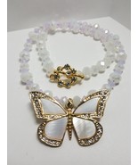 White Shell Butterfly Necklace with White Faceted Glass Beads and Pink C... - £37.70 GBP