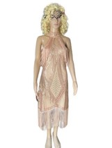 Beautiful 20s Flapper Dress Peach with Peach Lace Sequins and Beads Grea... - £39.66 GBP