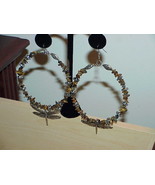 Tiger eye Huge Big Hoop dangle Dragonfly Earrings Couture 5&quot; Jumbo Biker... - $54.44