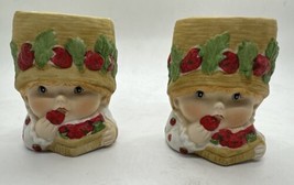 Set of 2 Sweet Keepers Bisque Porcelain Strawberry Girl Head Vase Cup Jasco 1980 - £26.26 GBP