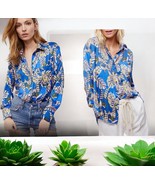 Free People Size M Under The Palms Silk Look Tropical Blouse Shirt blue ... - $43.88