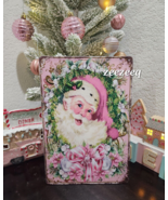 Christmas Vintage Style Shabby Chic Pink Santa Claus Tin Wall Sign - £17.39 GBP