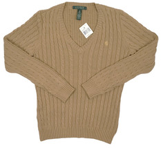 NEW Lauren by Ralph Lauren Womens Sweater!  Tan with Gold Insignia  V Neck Cable - £39.41 GBP