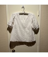 Draper James White Eyelet Puff Sleeve V Neck Blouse Top Size M Cotton Shirt - €10,97 EUR