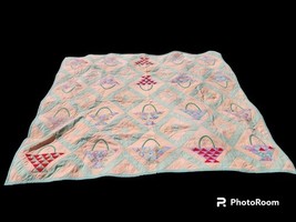 Vintage PA Hand Stitch flower basket Colorful boho MCM Cottagecore Quilt... - $232.65