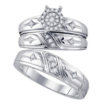 10k White Gold His Hers Diamond Cluster Cross Matching Bridal Wedding Ring Set - $699.00
