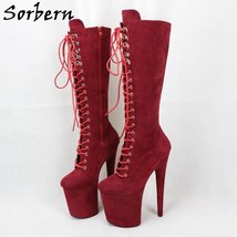 Burgundy Suede Knee High Pole Dance Boots Platform Drag Queen Heels 20Cm Lace Up - £200.96 GBP