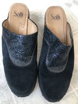 Sofft Black Tooled Leather Suede Slip On Heel Mules Clogs  Sz 8.5M - $26.79