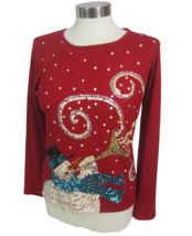 Tiara International vintage Women Ugly Christmas Sweater sz S Snowman sequin - £27.68 GBP