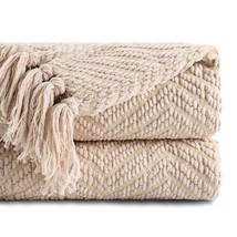 Beige Throw Blanket For Couch, Textured Knitted Throw Blanket With Tassels, Couc - £42.41 GBP