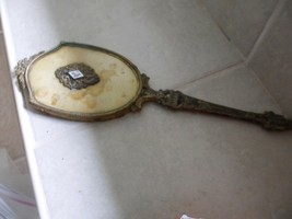 Antique Victorian Hand Mirror Vanity brass w gold fabric plastic cover.14&quot;  - $743.33 MXN