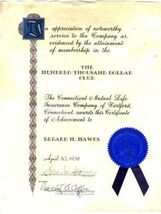 1938 Connecticut Mutual $100,000 Club Certificate Insurance Sales Award - $24.72