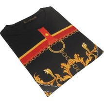 Men LAVERITA European Fashion Crew Shirt Rhine Stones Chain Florals 12085 Black image 2