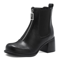 New Women Ankle Boots Round Toe 6.5cm Block Heels Chelsea Zipper Faux Genuine Le - £77.16 GBP