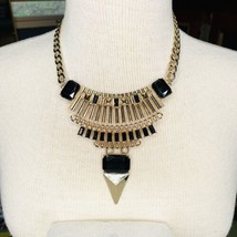 Chunky Statement Necklace Gold Tone Black 14” Art Deco Bib with 3” Extension - £12.72 GBP