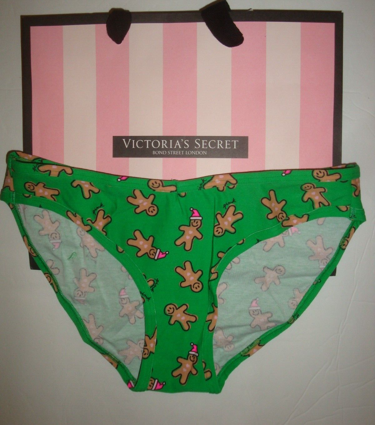 Primary image for NEW VICTORIA'S SECRET "PINK" BIKINI PANTY GREEN WITH CHRISTMAS GINGERBREAD L