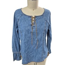 vtg y2k 90s French Kuff 100% Cotton Denim blue Top Sz L lace up front - $30.29