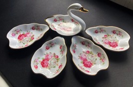 Beautiful Porcelain Swan w 4 Nesting Nut Tidbit Dishes Gold Rims Roses VFC China - £12.66 GBP