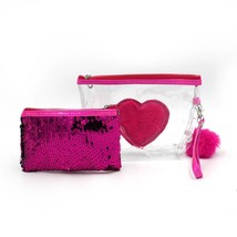 2 Pc Hot Pink Sequin Heart Cosmetic Bag Set Barbiecore - £11.07 GBP