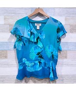 Bob Mackie Studio 100% Silk Chiffon Ruffle Peplum Blouse Blue Floral Wom... - $34.64