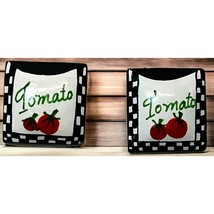 Tomato Earrings Hand Painted Black Checkered Square Stud Gardener Gift - $12.95