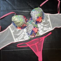 Victoria&#39;s Secret Lungo 34B Reggiseno Set S Tanga Patchwork Raso Rosa Bianco Coi - £66.46 GBP