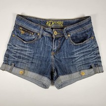 DEREON Size 5/6 Blue Denim Jean Shorts Leather Logo Cuffed Zippers EUC w... - $18.96