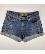 DEREON Size 5/6 Blue Denim Jean Shorts Leather Logo Cuffed Zippers EUC w... - £14.98 GBP