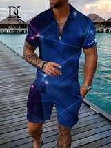 Trend Hawaiian Suit For Man Summer Lattice Printed Short Sleeve Zipper Lapel  Sh - £46.56 GBP
