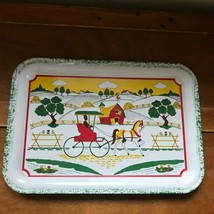 Vintage Small Green & White Metal Tray with Horse Drawn Doctor Carriage & Countr - $10.39