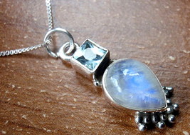 Faceted Blue Topaz &amp; Rainbow Moonstone Necklace 925 Sterling Silver Square New - £15.77 GBP