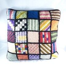 Colorful Vintage Handmade Patchwork Square Crochet Mismatch Pillow Boho - £23.37 GBP