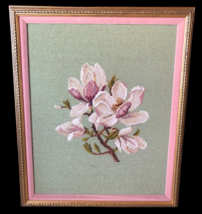 Vtg Needlepoint Finished Art Framed Magnolia Flower White Green Pink 22&quot;x18&quot; - £134.24 GBP