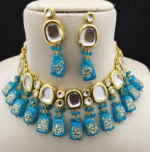 Chapado en Oro Estilo Bollywood Indio Kundan Gargantilla Azul Collar Joyería Set - £37.34 GBP