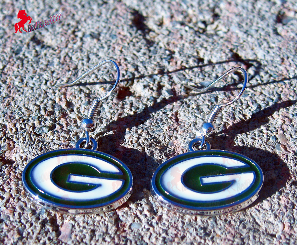 Primary image for Green Bay Packers Silver Dangle Earrings, Sports Earrings, Football Fan Earrings