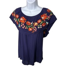 Davi &amp; Dani Navy Blue Emboridery Flowers On or Off Shoulder Blouse 2XL NEW - $21.89 CAD