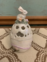Pearlized Ceramic Easter Egg with White Bunny on Top - Cut-Outs &amp; Floral Design - £11.16 GBP